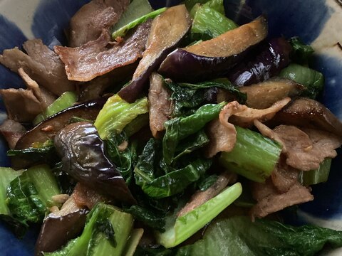 高菜と茄子と豚バラ肉のいしる炒め